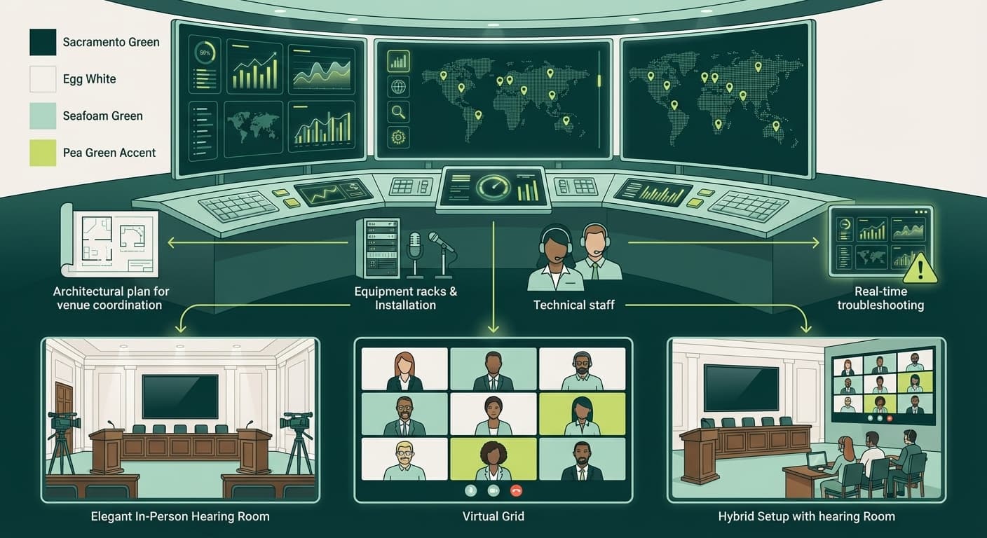In-person, virtual and hybrid hearing room setups