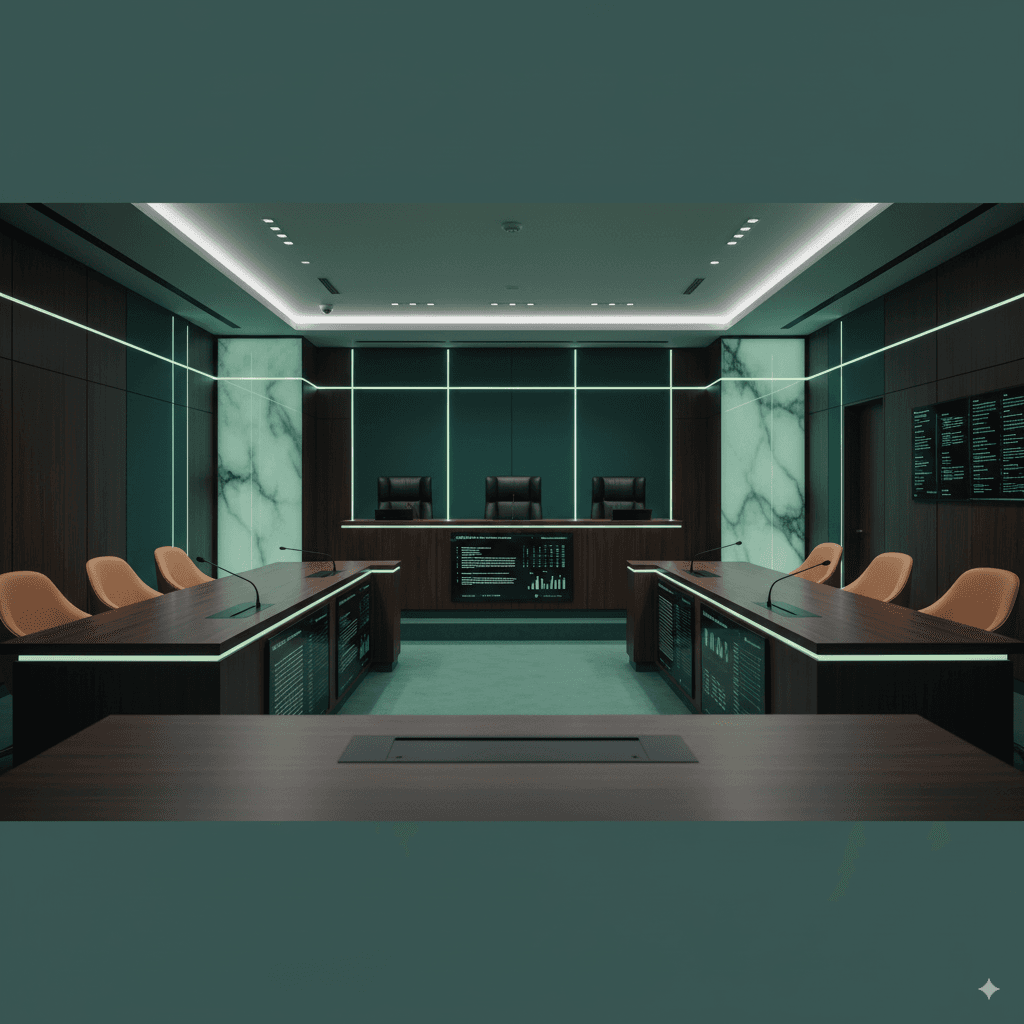 Illustration of a hearing room with a raised tribunal bench, counsel tables with microphones and display screens
